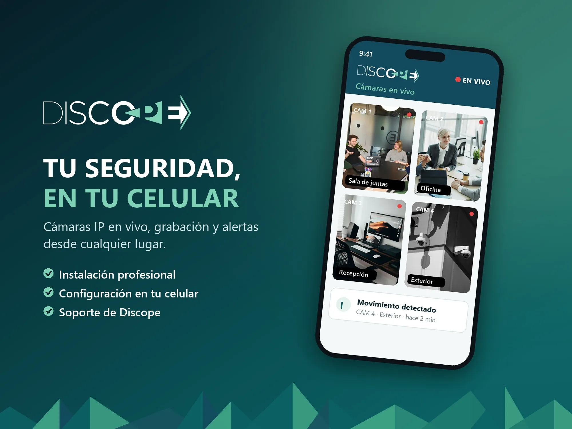 Celular con la vista en vivo de las cámaras instaladas por Discope